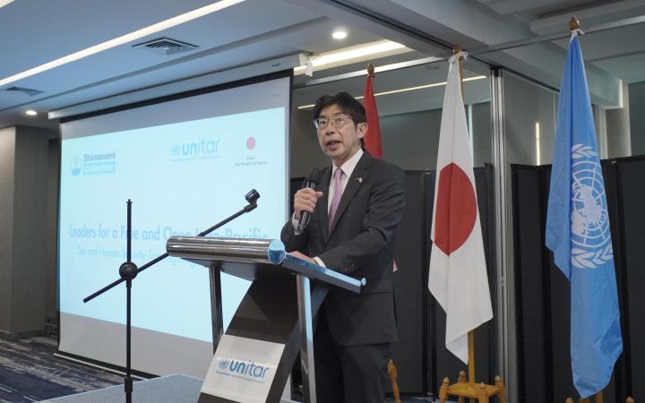 Mr. Masahiko Kiya, the Ambassador of Japan to ASEAN, giving a speech in the UNITAR Sea and Huma Security Workshop Closing in Jakarta
