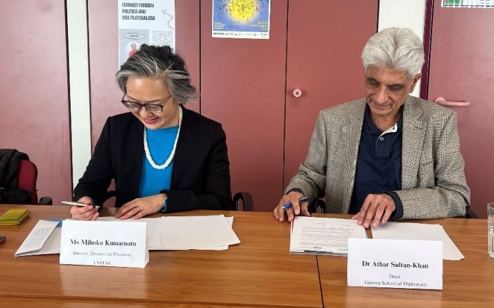 MOU signing in Geneva with Dr. Athar Sultan-Khan, Dean of the Geneva School of Diplomacy and Ms. Mihoko Kumamoto, Director of the Division for Prosperity, representing UNITAR.