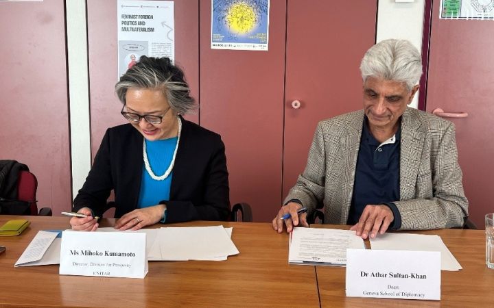 MOU signing in Geneva with Dr. Athar Sultan-Khan, Dean of the Geneva School of Diplomacy and Ms. Mihoko Kumamoto, Director of the Division for Prosperity, representing UNITAR.