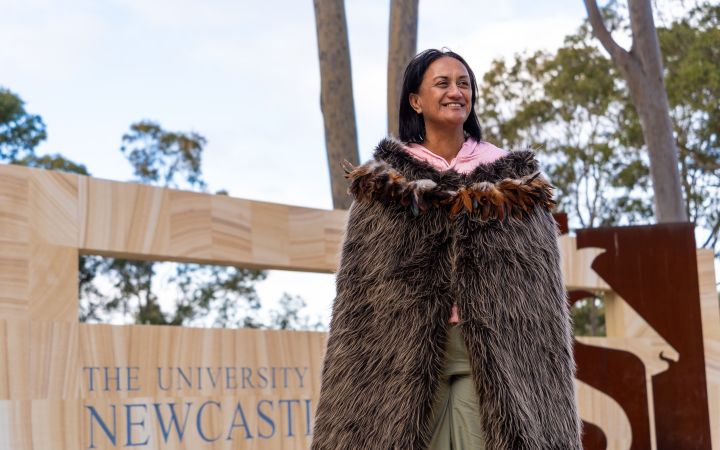 Ngaio Stobbs proudly represents her cultural heritage wearing her mother’s traditional Korowai cloak made of feathers