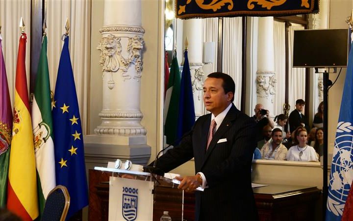 Mr Alex Mejia, UNITAR Director for the Division for People and Social Development addresses representatives during the formal ceremony at the Town Hall of Malaga, marking the strategic agreement with SHAC and the City.