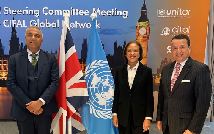 Dr Vishwajeet Rana, CEO of GEDU Global Education Group; Ms Michelle Gyles-McDonnough, United Nations Assistant Secretary-General and Executive Director of UNITAR; Mr Alex Mejia, Head of the CIFAL Global Network and Director of the Division for People and Social Development at UNITAR