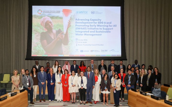 Representatives of UNITAR, WMO, UNESCO, UN-DESA, UN-Water, and Member State delegations gather following the side event on UN-Water Capacity Development Initiative for SDG 6 and EW4All, held in the Trusteeship Council Chamber at UN Headquarters, New York.
