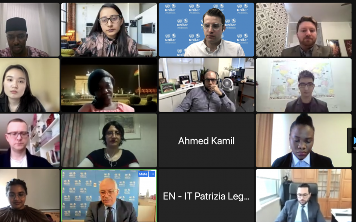 Screenshot of a Zoom meeting with UNITAR staff, Columbia Law School mediators, and participants