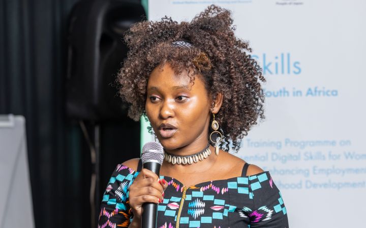 Betty Mwende giving a speech at UNITAR 2023 “Developing Essential Digital Skills for Women and Youth in Africa: Enhancing Employment Opportunities and Livelihood Development in the Digital Economy” training programme.