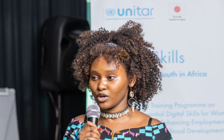 Betty Mwende giving a speech at UNITAR 2023 “Developing Essential Digital Skills for Women and Youth in Africa: Enhancing Employment Opportunities and Livelihood Development in the Digital Economy” training programme.