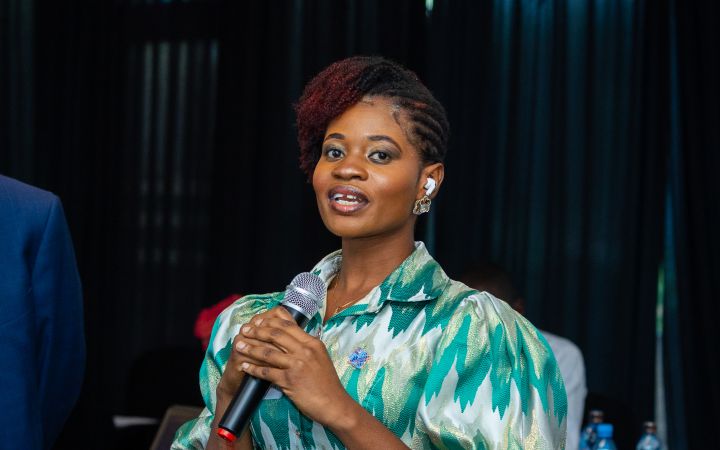 Destina Mensah giving a speech at the in-person workshop of the UNITAR “Developing Essential Digital Skills for Women and Youth in Africa” programme