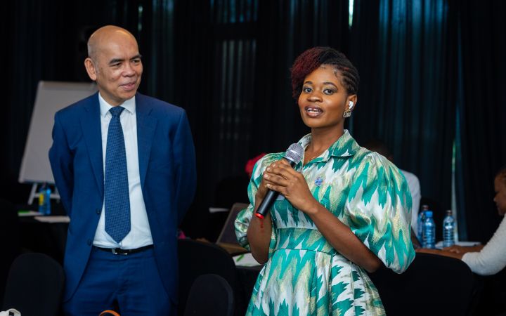 Destina Mensah giving a speech at the in-person workshop of the UNITAR “Developing Essential Digital Skills for Women and Youth in Africa” programme