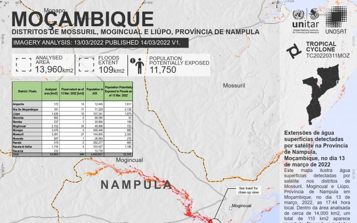 Extensões de água superficias detectadas por satélite na Província de Zambezia Moçambique, no dia 15 de março de 2022