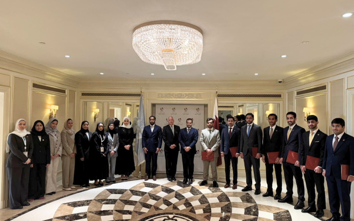 The Fellows gather for a photo at the Permanent Mission of the State of Qatar