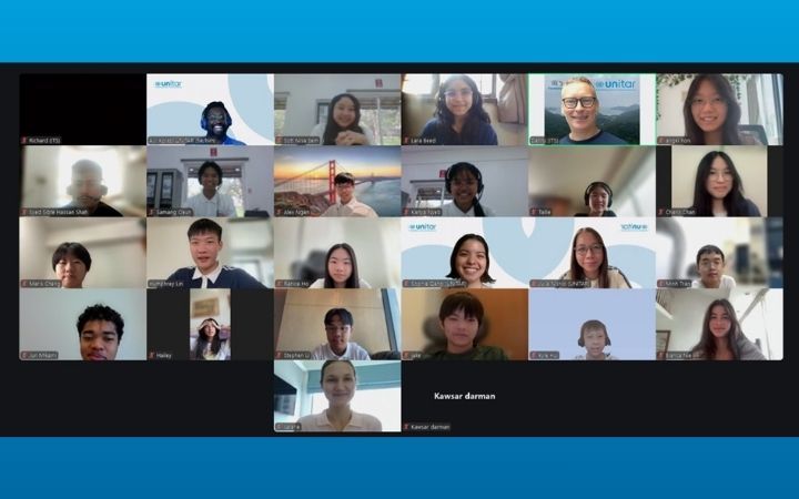 UNITAR 2025 Youth Ambassador Asia-Pacific Programme Launched Screenshot of Zoom call with over 25 smiling participants, mostly young, of different races and ethnicities.