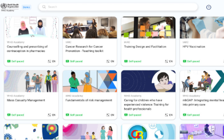 Screenshot of the home page of the WHO's Learning Experience Platform