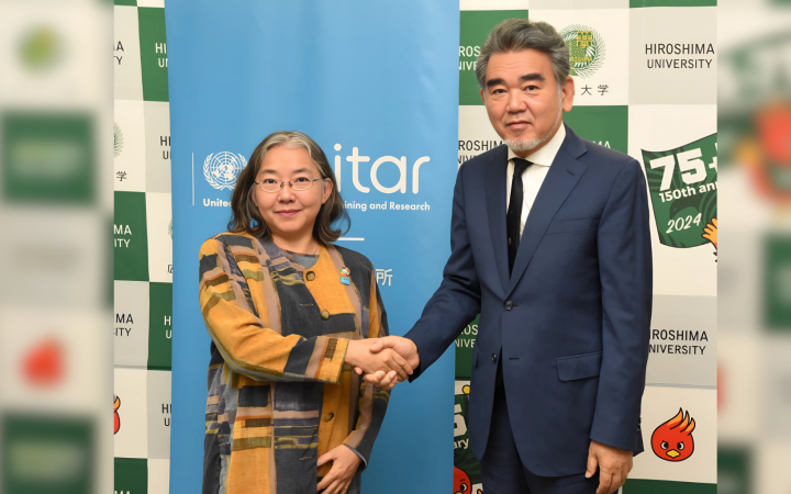 Head of UNITAR Office in Hiroshima, Chisa Mikami meeting with President of Hiroshima University Dr. Mitsuo Ochi