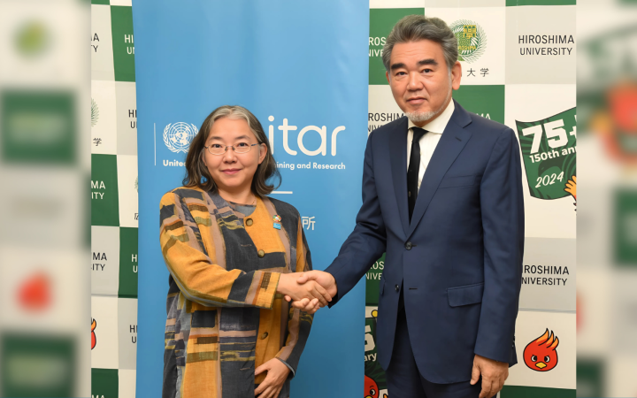 Head of UNITAR Office in Hiroshima, Chisa Mikami meeting with President of Hiroshima University Dr. Mitsuo Ochi