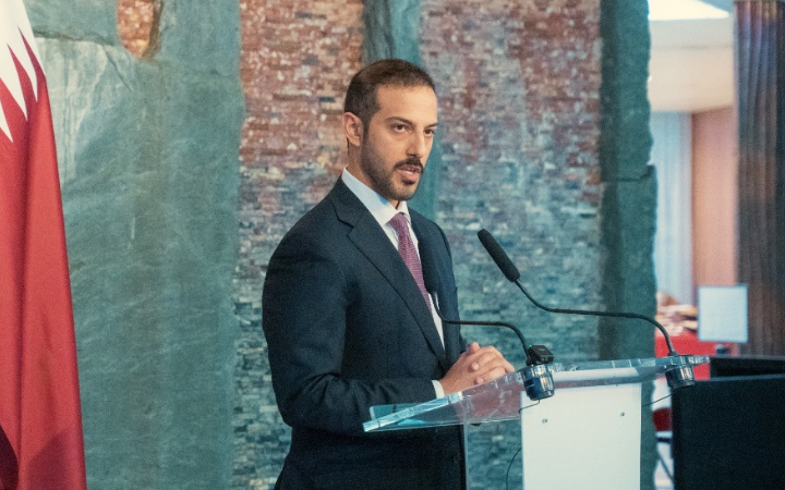 Mr. Ahmed Essa Al-Sulaiti giving a speech during an event