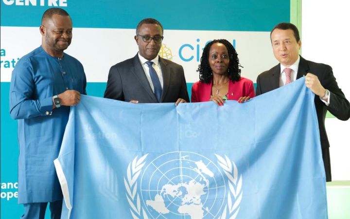 Official Opening of CIFAL Kigali. Left to to right: UN Resident Coordinator Mr. Ozonnia Ojielo,  Minister of Foreign Affairs Mr. Vincent Biruta, CEO of Rwanda Cooperation Amb. Christine Nkulikiyinka, Head of CIFAL Global Network and Director Alex Mejia