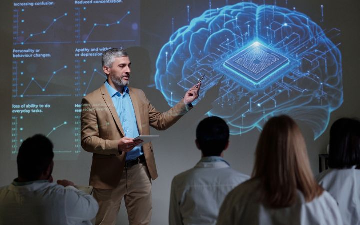 Professor explaining AI topics in class.