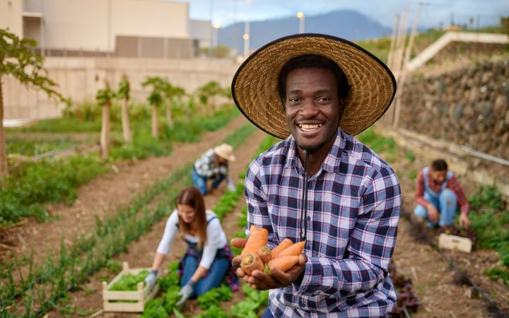 Smiling harvester with fresh carrots