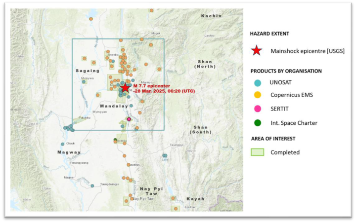 IMG2: Snapshot of the GDACS-SMCS for the activation related to the Earthquake in Myanmar (28 March 2025). Gives an overview of the extent and the analysis status of each AOI.
