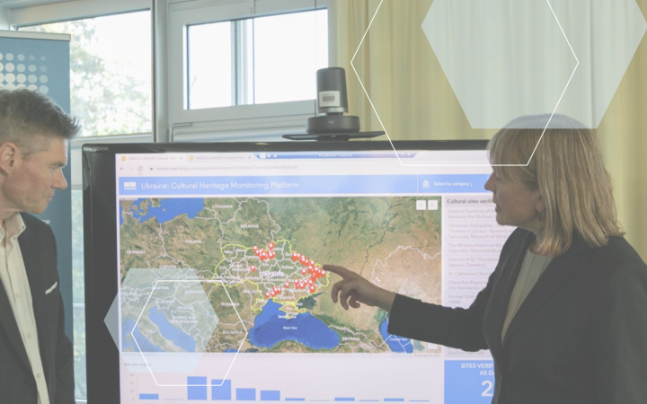 Figure 1. Einar Bj&oslash;rgo, former Director (2018-2024) of the United Nations Satellite Centre (left), and Krista Pikkat, Director of the UNESCO Culture and Emergencies Entity (right), at a joint press conference in Geneva, Switzerland, 26 October 2022 (photo credit: United Nations Satellite Centre).