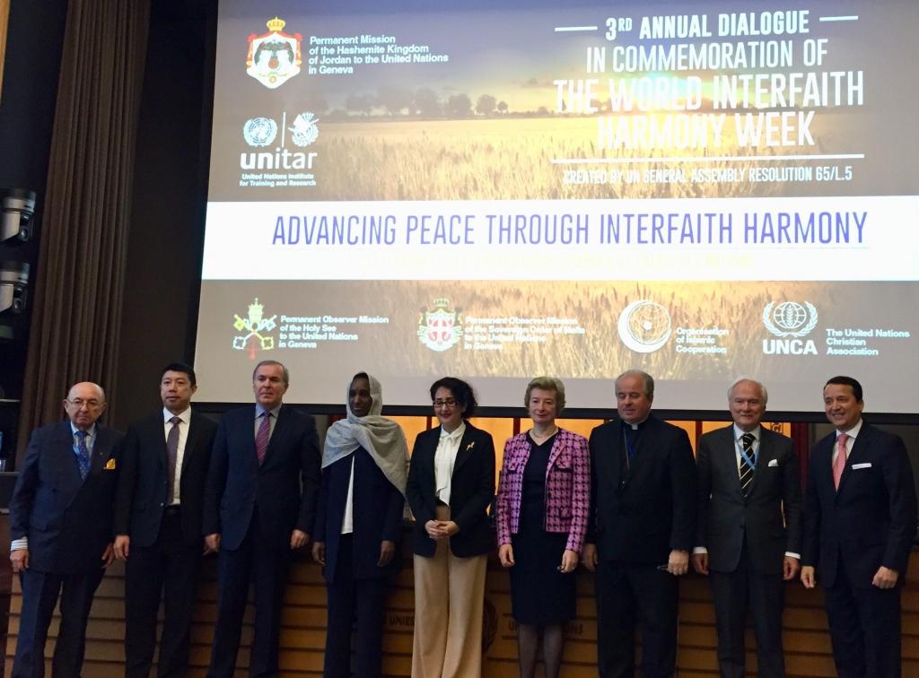 Panelists and speakers at the 3rd Annual Interfaith Dialogue at the Palais des Nations, 9 February 2018. From left to right: H.E. Luis Gallegos, former Ambassador and Permanent Representative of Ecuador to the UN in Geneva; H.E. Kok Jwee Foo, Ambassador and Permanent Representative of the Republic of Singapore to the UN in Geneva; H. E. Vaqif Sadiqov, Ambassador and Permanent Representative of the Republic of Azerbaijan to the UN in Geneva; H.E. Aissata Kane, Deputy Permanent Observer of the Organization of Islamic Cooperation to the UN in Geneva; H.E. Saja Majali, Ambassador and Permanent Representative of the Hashemite Kingdom of Jordan to the UN in Geneva; H.E. Marie-Thérèse Pictet-Althann, Ambassador and Permanent Observer of the Sovereign Order of Malta to the UN in Geneva; H.E. Archbishop Ivan Jurkovic, Apostolic Nuncio and Permanent Observer of the Holy See to the UN in Geneva; H.E. Idriss Jazairy, UN Special Rapporteur to UN OHCHR and Executive Director, Geneva Center for the Advancement of Human Rights and Global Dialogue; Mr. Alex Mejia, Programme Director, UNITAR