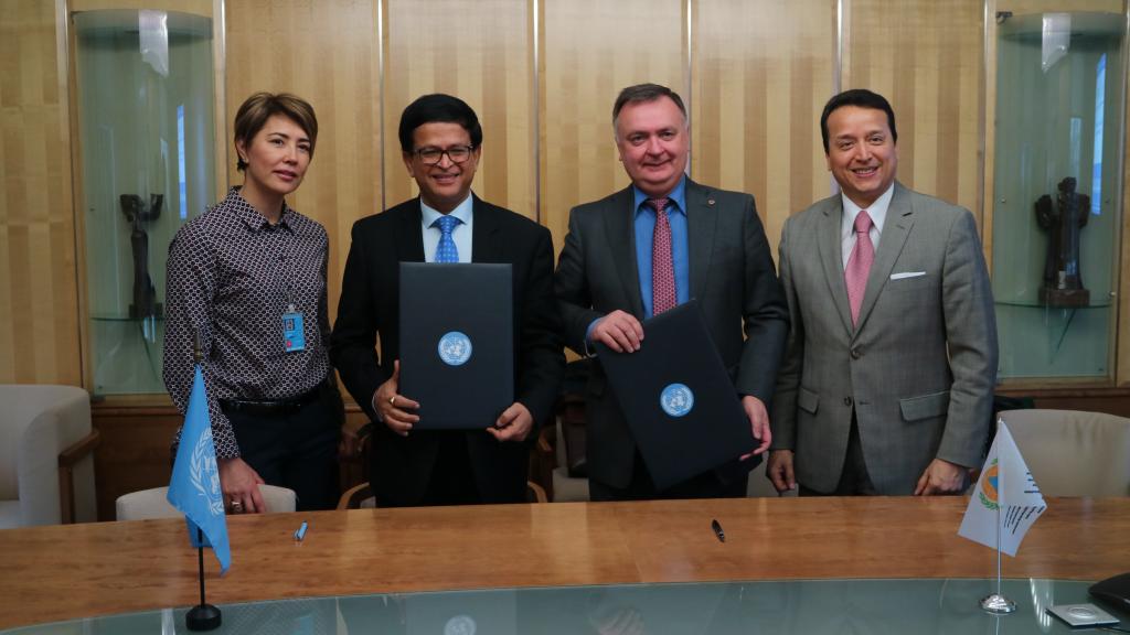 : From left to right, Ms. Saltanat Tashmatova, Director of International Cooperation, ICDO; Mr. Nikhil Seth, UN Assistant Secretary General and Executive Director of UNITAR; Dr. Vladimir Kuvshinov, Secretary-General, ICDO; Mr. Alex Mejia, Programme Director, UNITAR