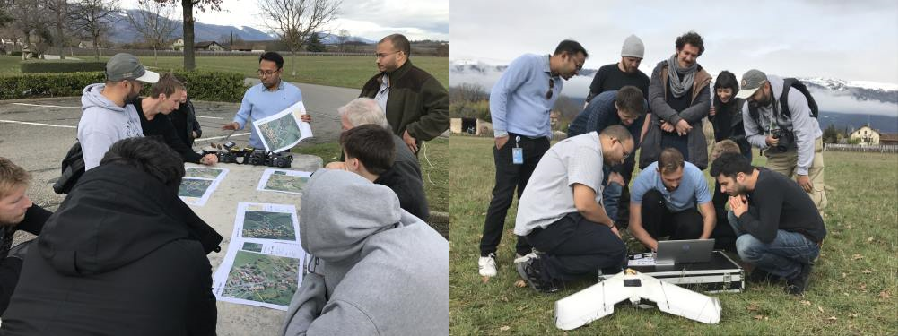 Students during the field data collection exercises with UNOSAT’s expert Mr. Khaled Mashfiq explaining data collection procedures using the UN-ASIGN App and the UAV